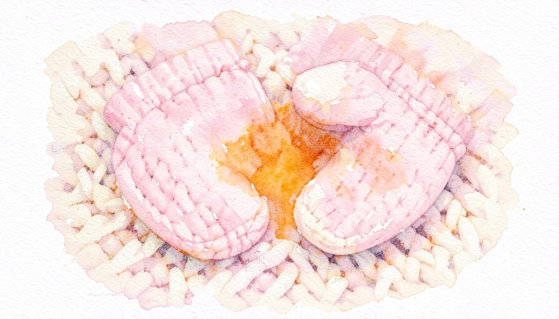 Soft watercolour painting of cozy handmade mittens in pastel pink and cream tones, resting on knitted fabric with a warm winter mood