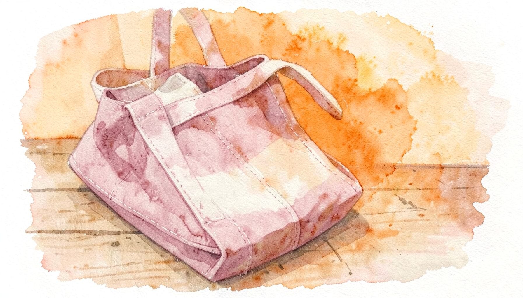 Soft watercolour painting of a handmade fabric tote bag in dusty rose and cream, with visible stitching details, lying on a wooden surface