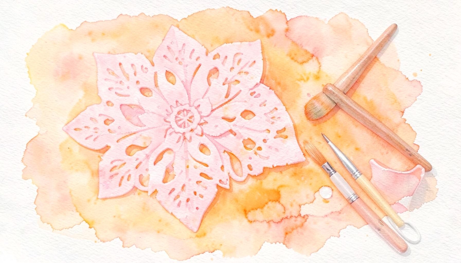 Aquarell in zarten Pastellfarben: ein Stück naturfarbener Leinenstoff mit einer floralen Schablone in hellem Rosa, daneben ein Pinsel und ein Töpfchen Textilfarbe.