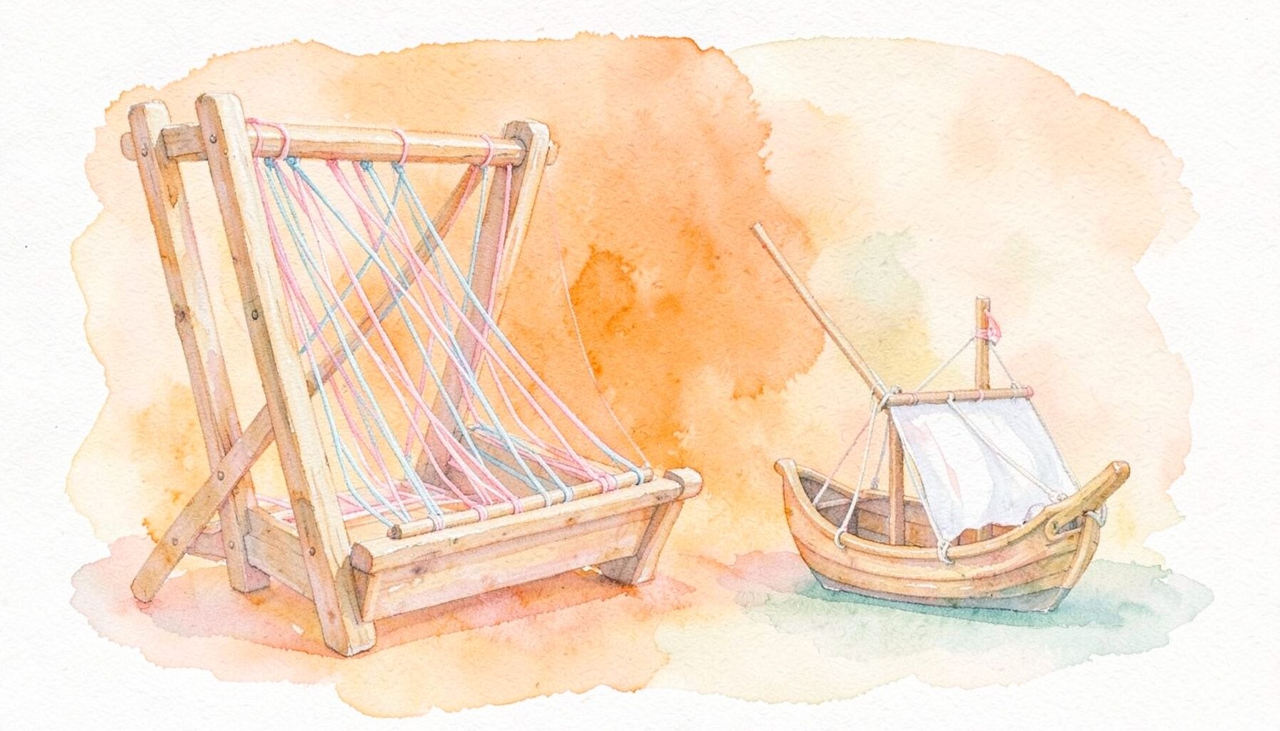 Aquarell in sanften Erdtönen: ein selbst gebauter Webrahmen aus naturbelassenem Holz, bespannt mit pastellfarbenen Fäden in Rosa und Blau, daneben ein kleines Webschiffchen.