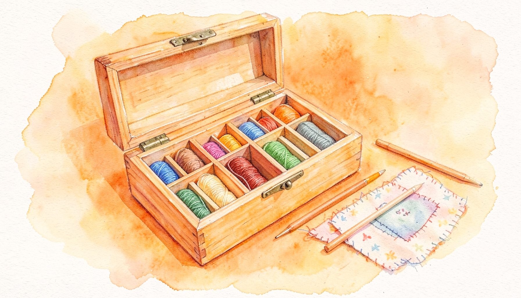 Aquarell in warmen Cremetönen: ein geöffnetes Stickkästchen aus hellem Holz mit farblich sortierten Stickgarnen in kleinen Fächern, daneben eine Sticknadel und ein bestickter Stoffrest.