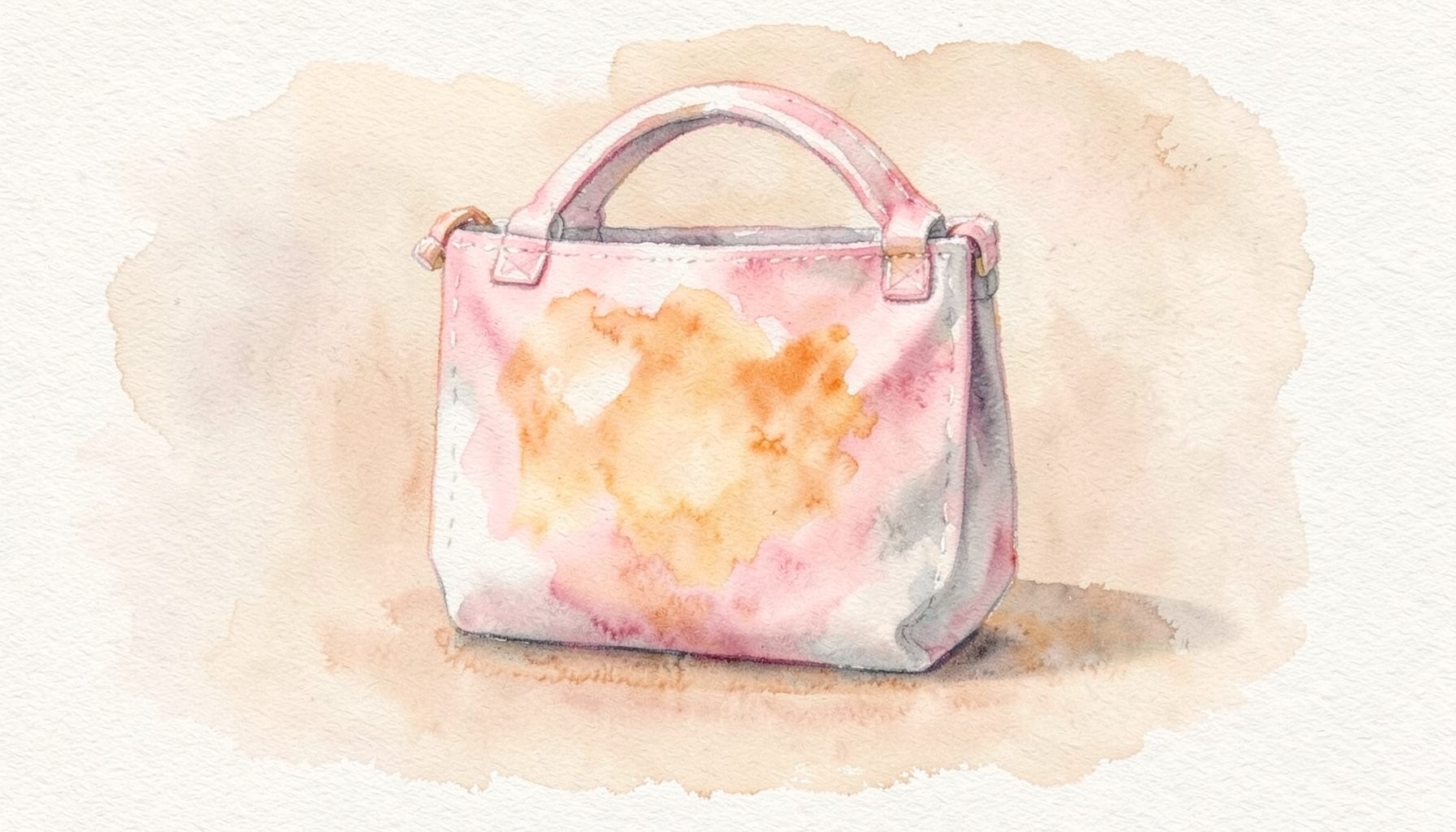 Eine weiche Aquarellmalerei einer genähten Stofftasche in sanften Pastelltönen – Rosa, Creme und hellem Grau – auf einem warmen, neutralen Hintergrund.