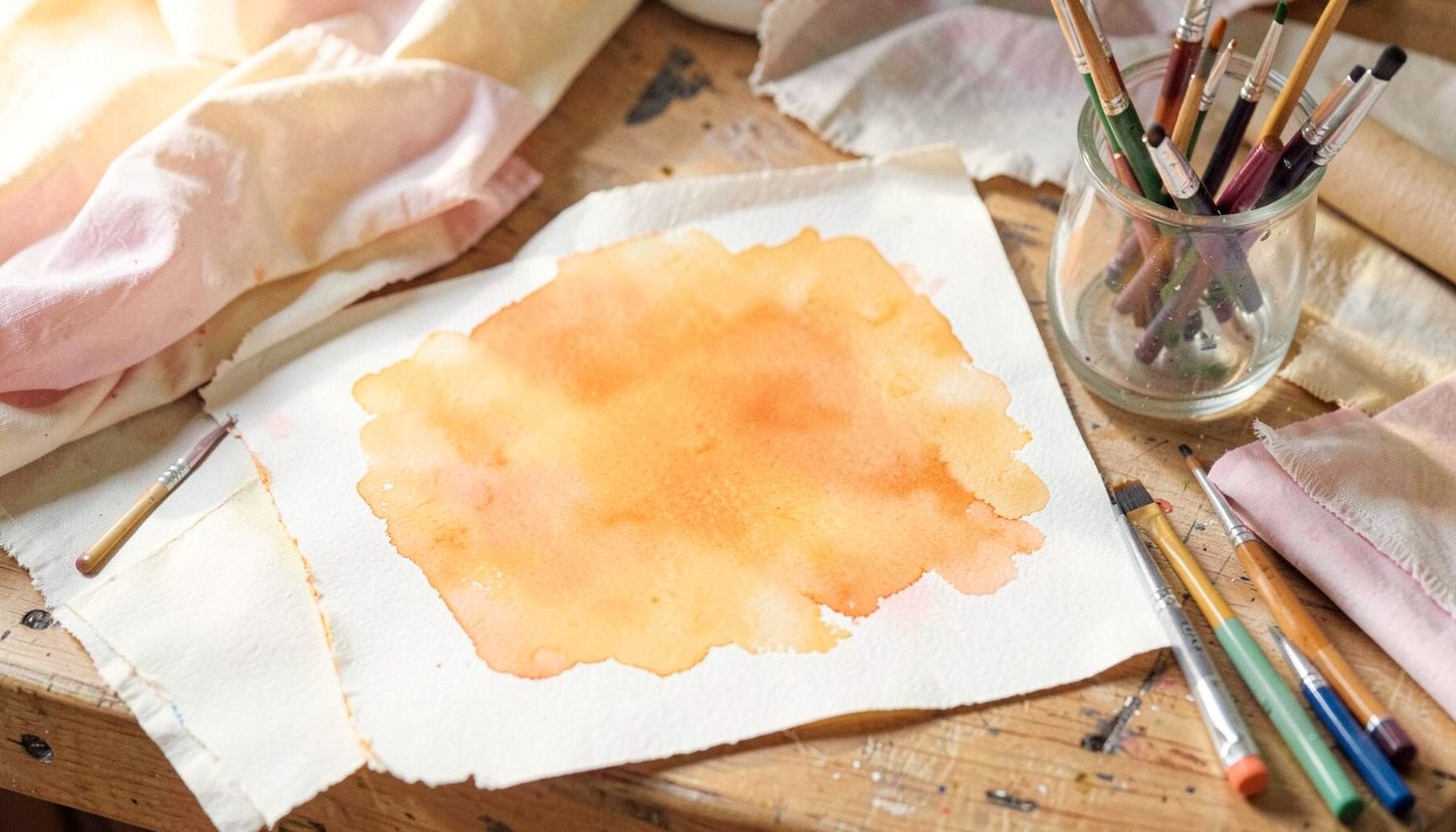 Weiches Aquarell in zarten Pastelltönen – Pinsel, Farbtuben und ein Glas mit Pinseln auf einer Werkbank, umgeben von Stoffresten und Papierbögen, warmes natürliches Licht