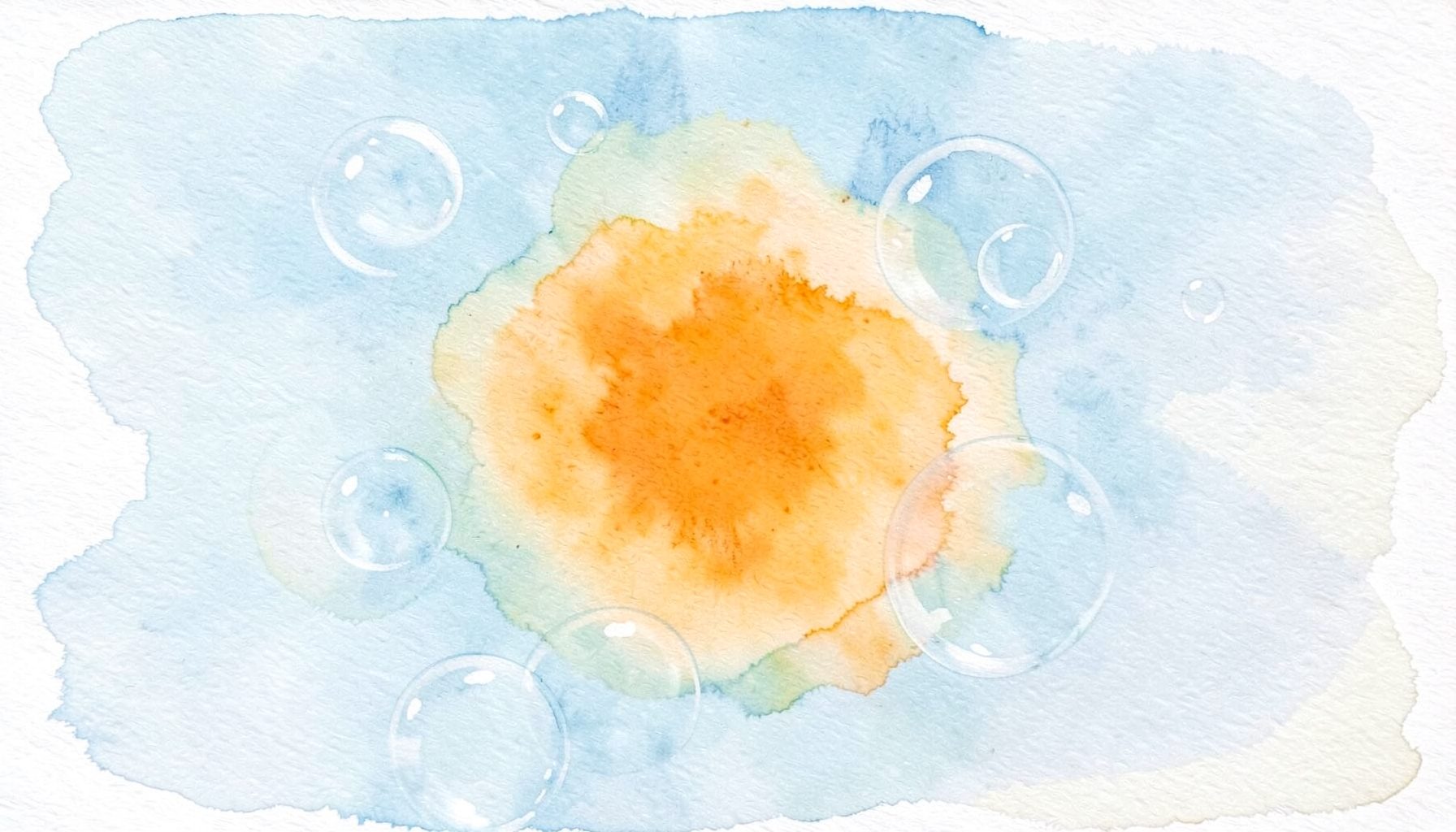 Ein luftiges Aquarell in Blassblau und Weiß mit schwebenden, transparenten Kreisformen, die an Seifenblasen erinnern.