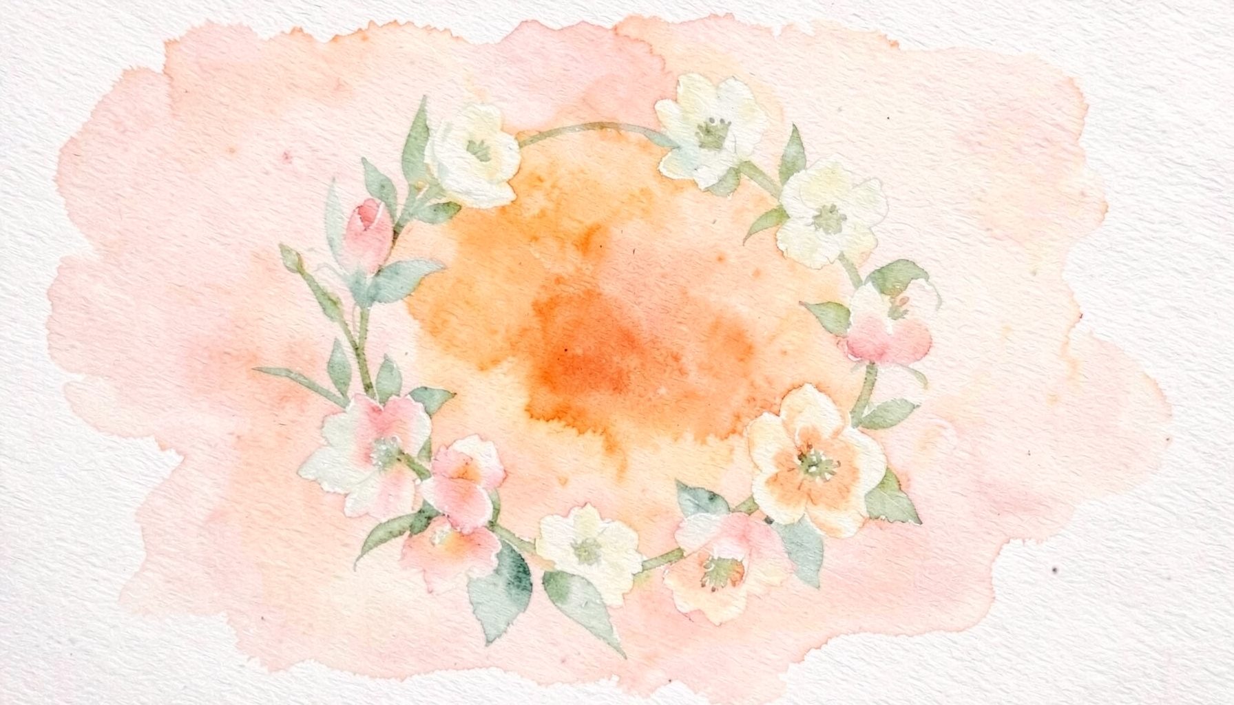 Ein weiches Aquarell in Rosé, Creme und sanftem Grün mit floralen Andeutungen, das an einen zarten Blumenkranz denken lässt.